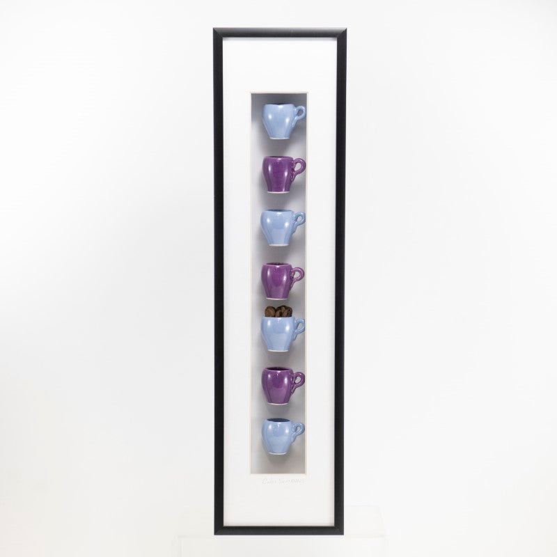 4x16 Vertical Shadowbox with Purple Mugs and Coffee Beans in a Black Frame