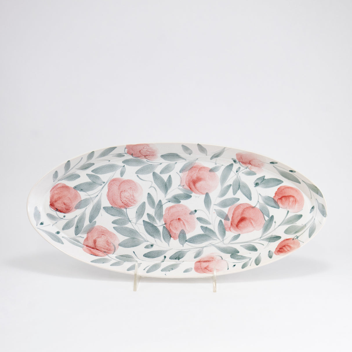 Oval Platter with Hand-Painted Red Flowers