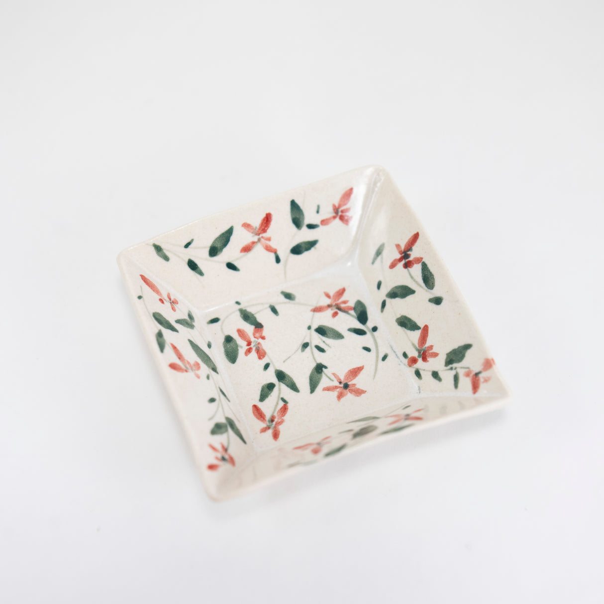 Small Square Dish with Hand-Painted Red Flowers