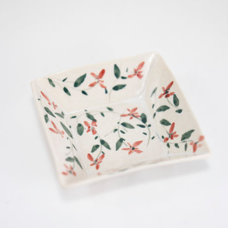 Small Square Dish with Hand-Painted Red Flowers