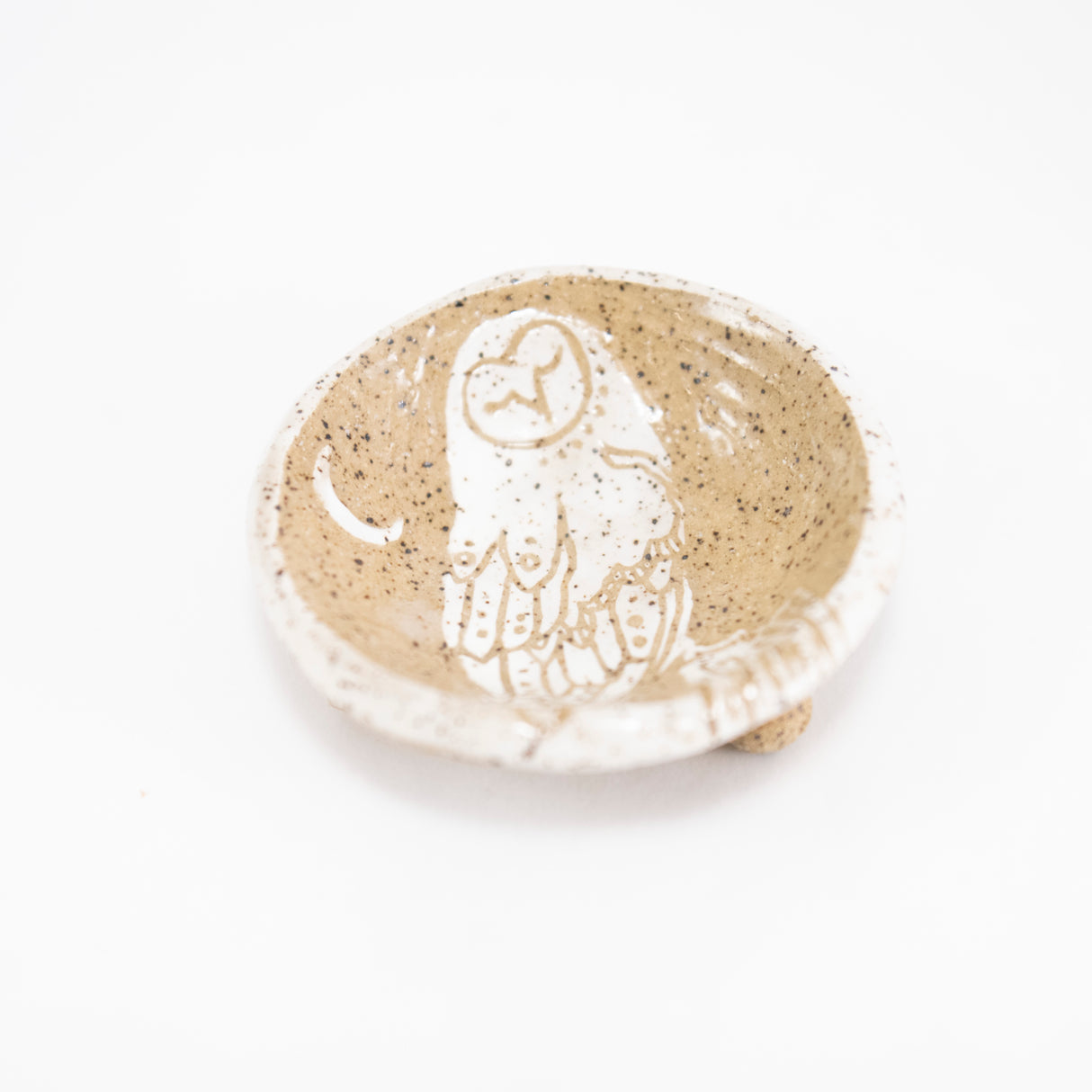 2.5" Sgraffito White Owl with a Crescent Moon Dish