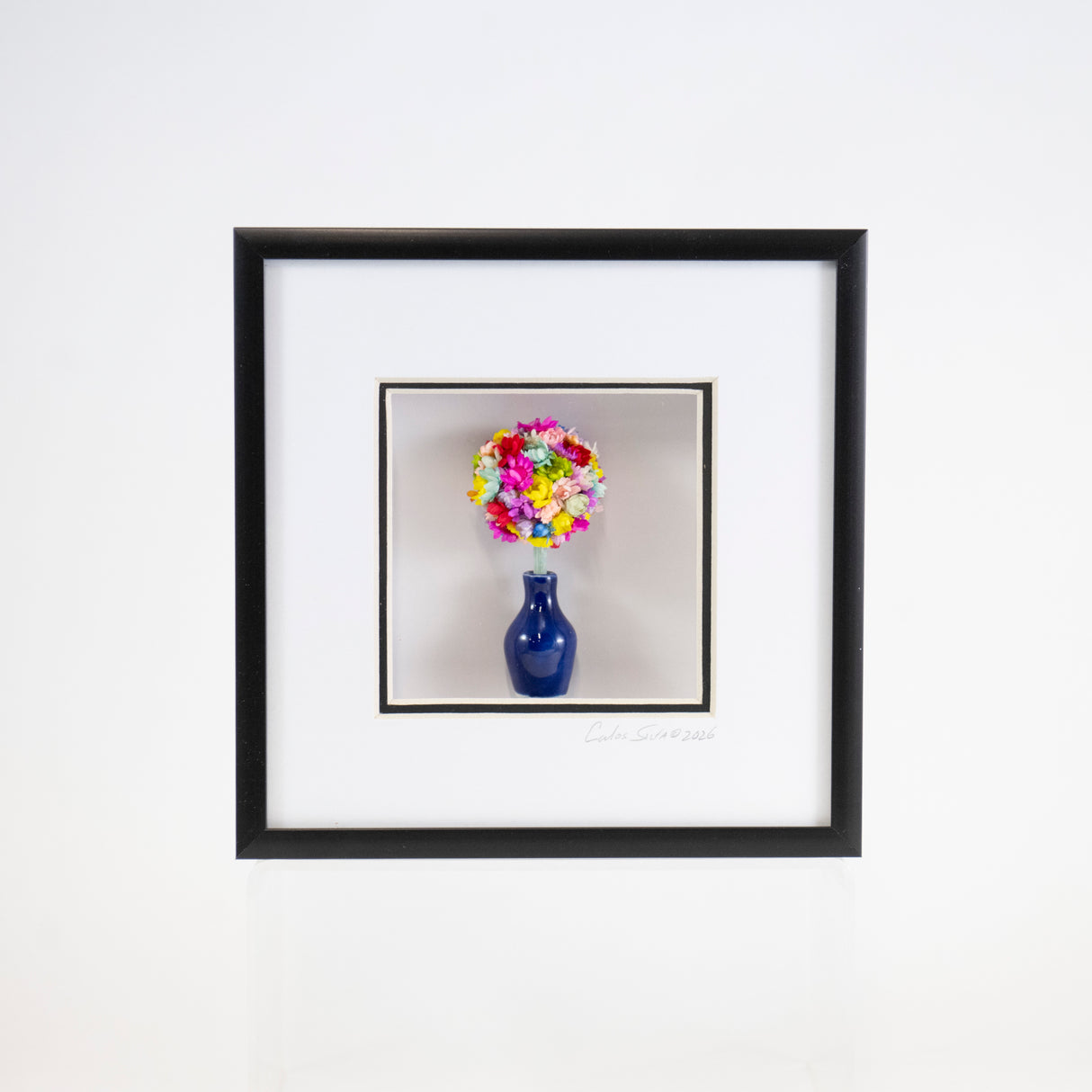 6x6 Shadowbox with a Blue Vase and Colorful Flowers in a Black Frame