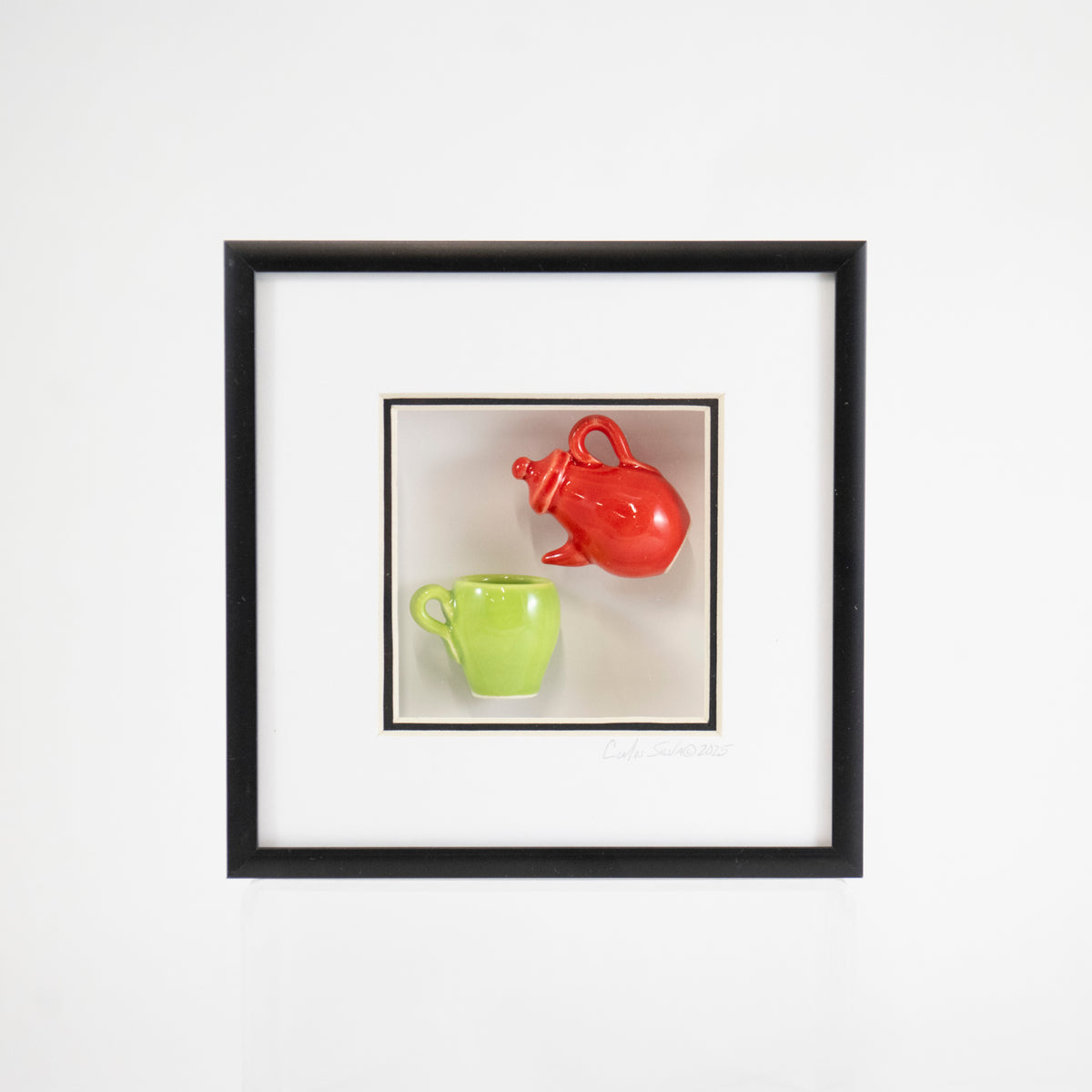 6x6 Shadowbox with a Red Teapot and a Green Mug in a Black Frame