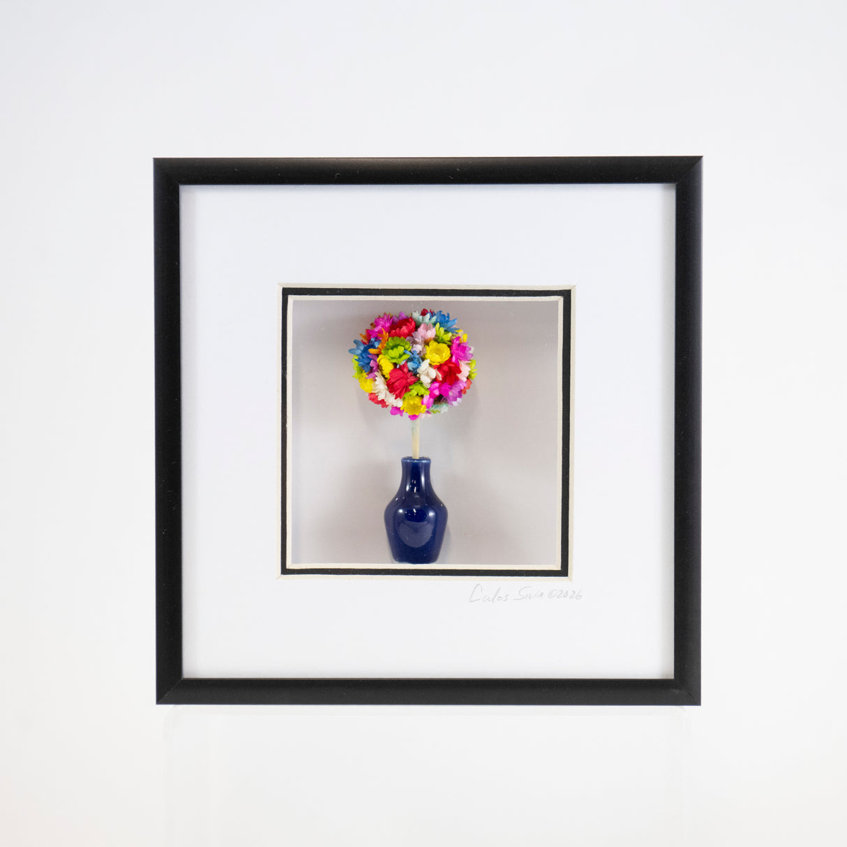 6x6 Shadowbox with Colorful Flowers in a Blue Vase in a Black Frame