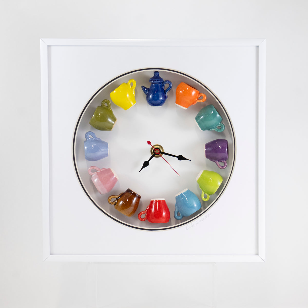10x 10 Clock with a Blue Teapot and Red Mug in a Rounded Matte and White Frame
