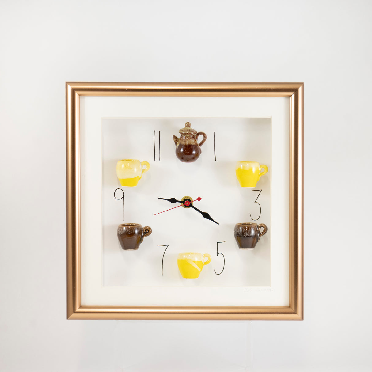 10x10 Clock with Brown and Yellow Teapot and Mugs in a Bronze Frame