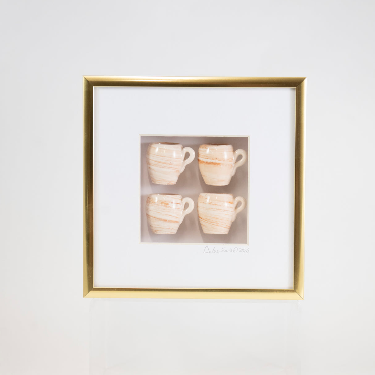 6x6 Shadowbox with Cream Mugs in a Gold Frame