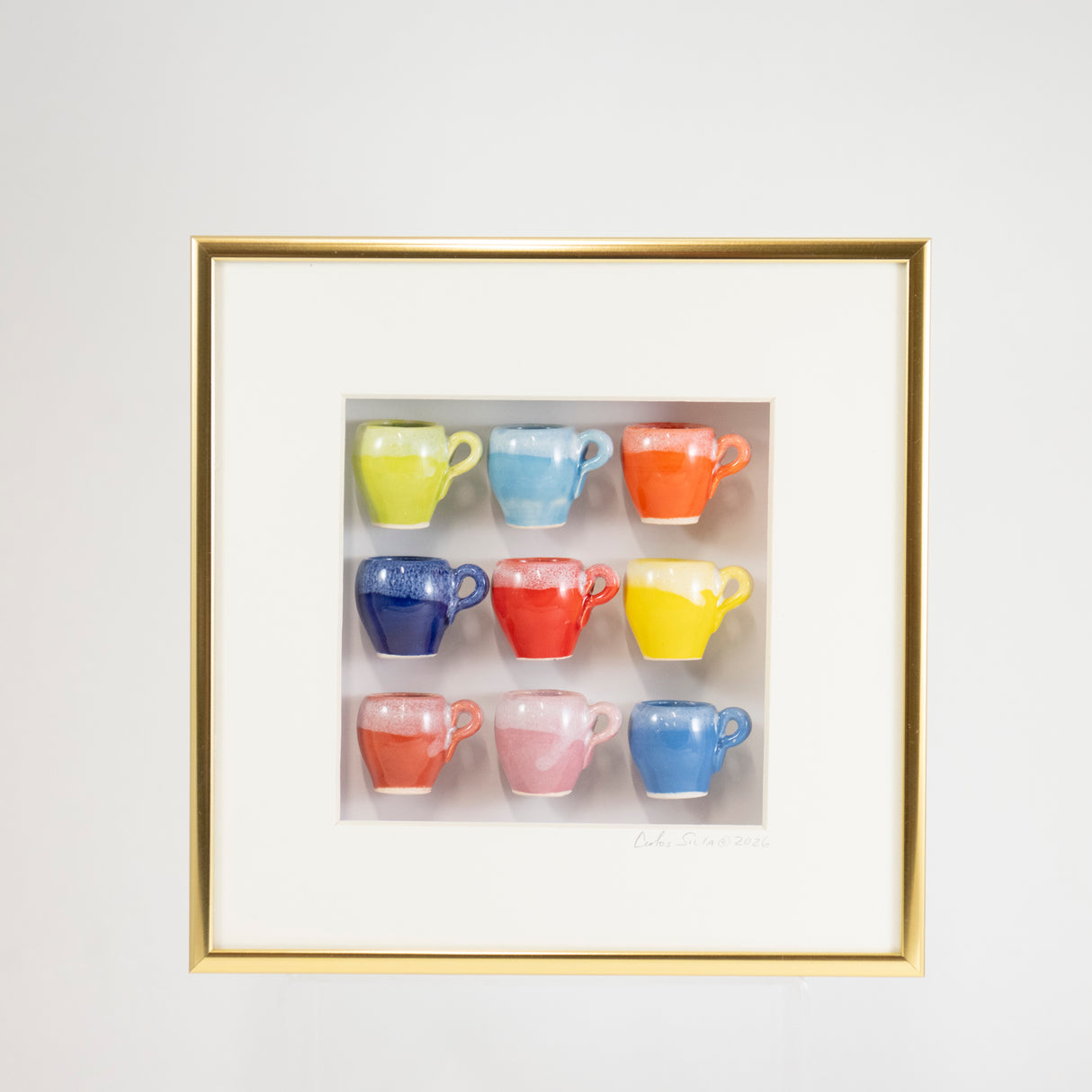 8x8 Shadowbox with Green, Red, Blue Mugs in a Gold Frame