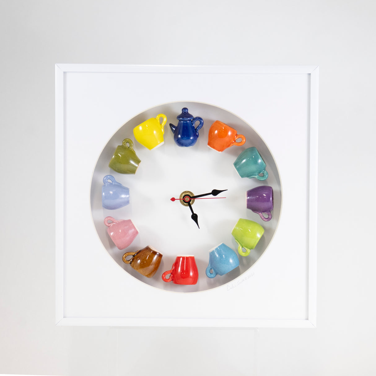 10x10 Clock with a Blue Teapot and Red Mug in a Rounded Matte and White Frame
