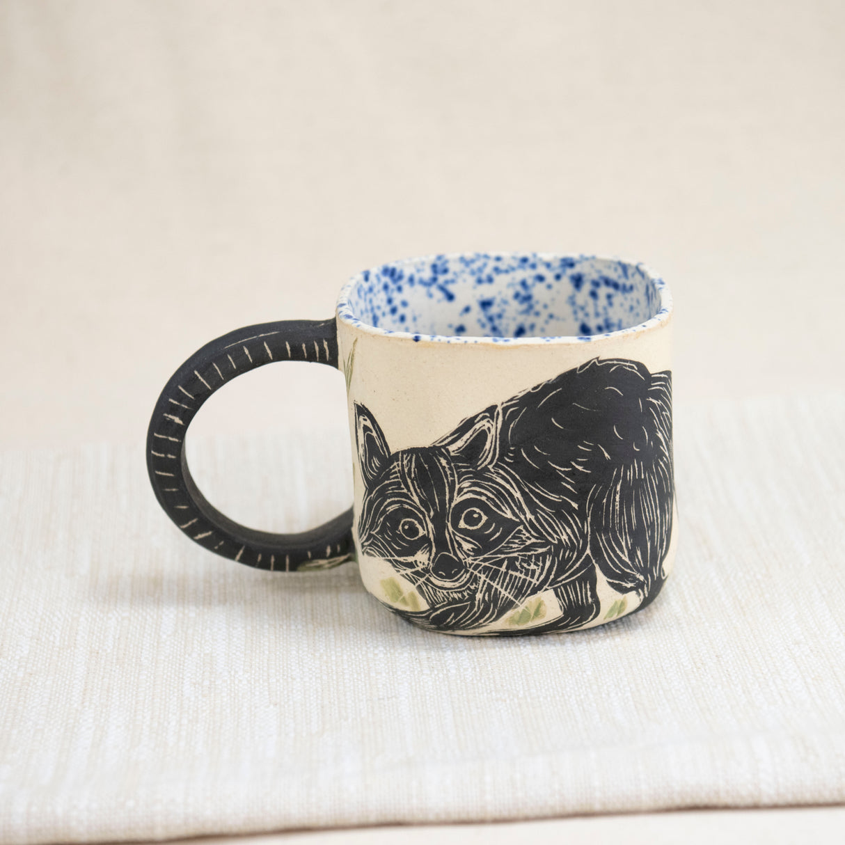 Floral Raccoon Mug with Blue Speckled Interior 2