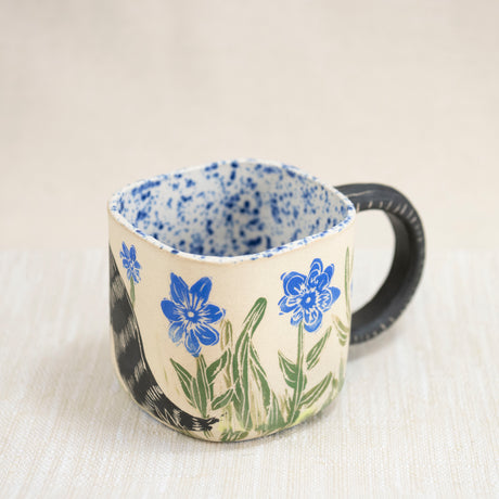 Floral Raccoon Mug with Blue Speckled Interior 2
