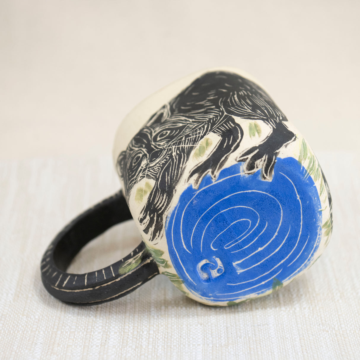 Floral Raccoon Mug with Blue Speckled Interior 2