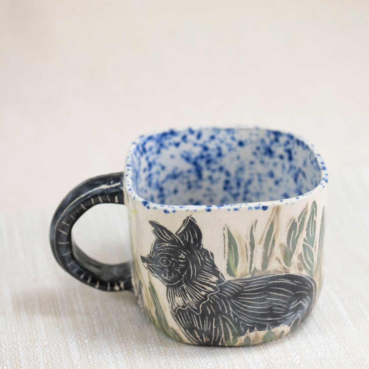 Triple Pups Mug with Blue Speckled Interior