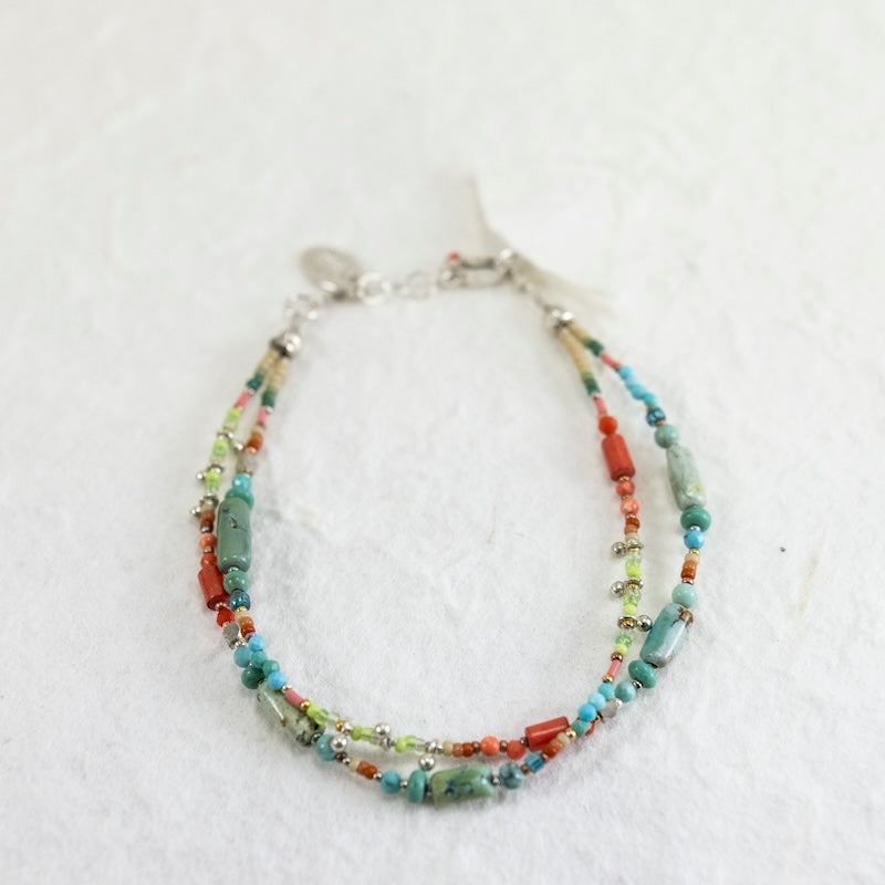 Sterling Silver Bracelet with Turquoise, Coral, and Czech Glass Beads