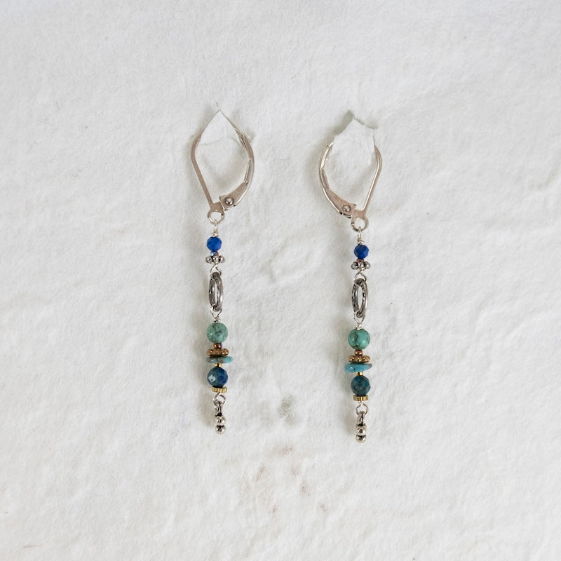 Lapis, Turquoise, Azurite, Bronze, & Sterling Silver Earrings