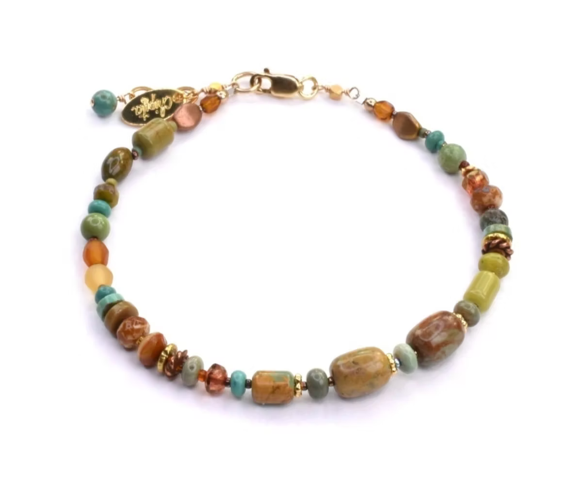 Turquoise, Goldstone, Serpentine, Jade  Bracelet in Gold
