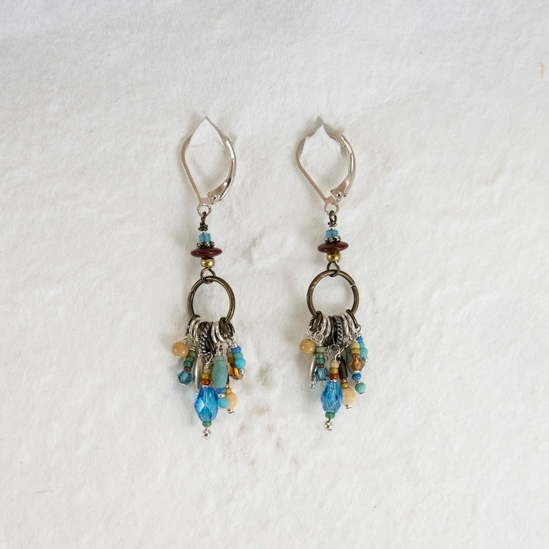 Brass, Turquoise, Swarovski Crystal Silver Earrings