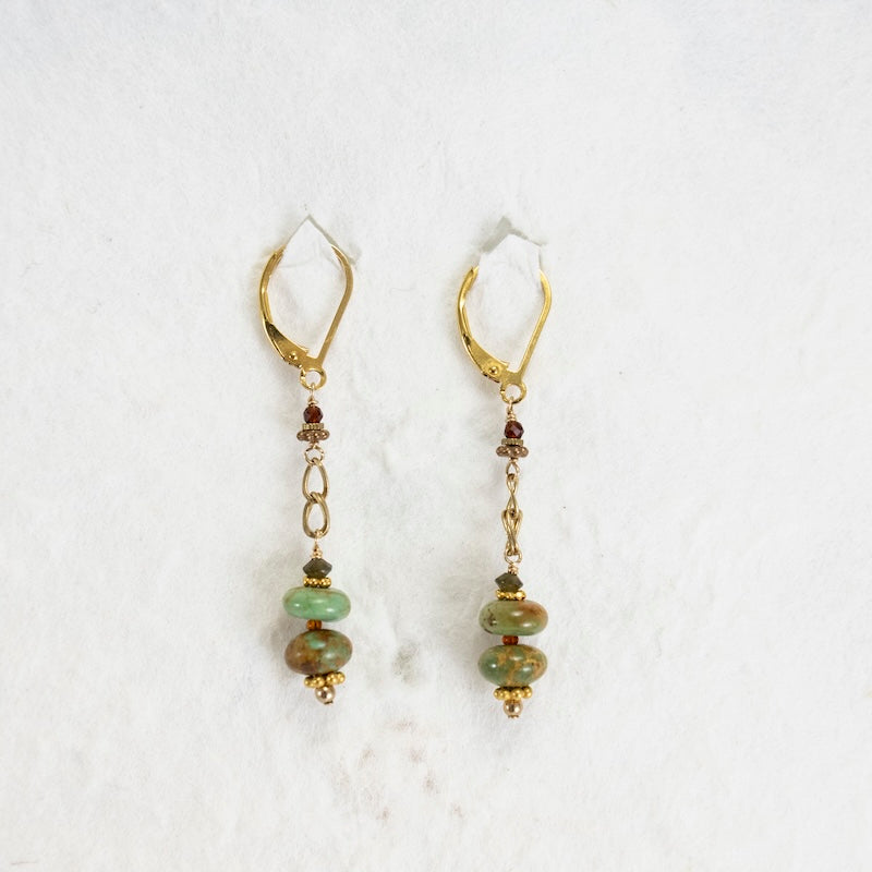 Gold Fill Earrings with Bronze, Garnet, and Turquoise