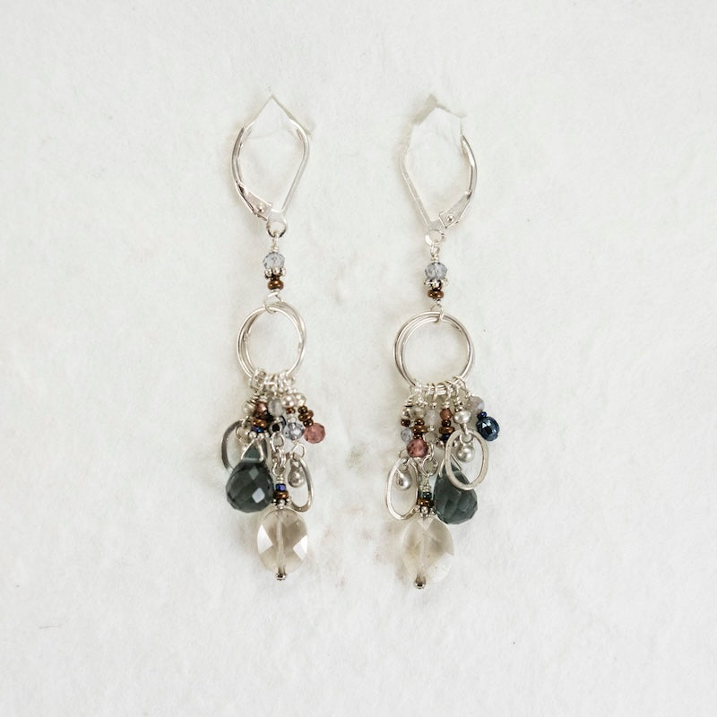 Sterling Silver Earrings with Smokey Quartz, Blue Quartz, Garnet, and Pyrite