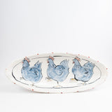 Deep Ellipse Platter with Three Blue Chickens