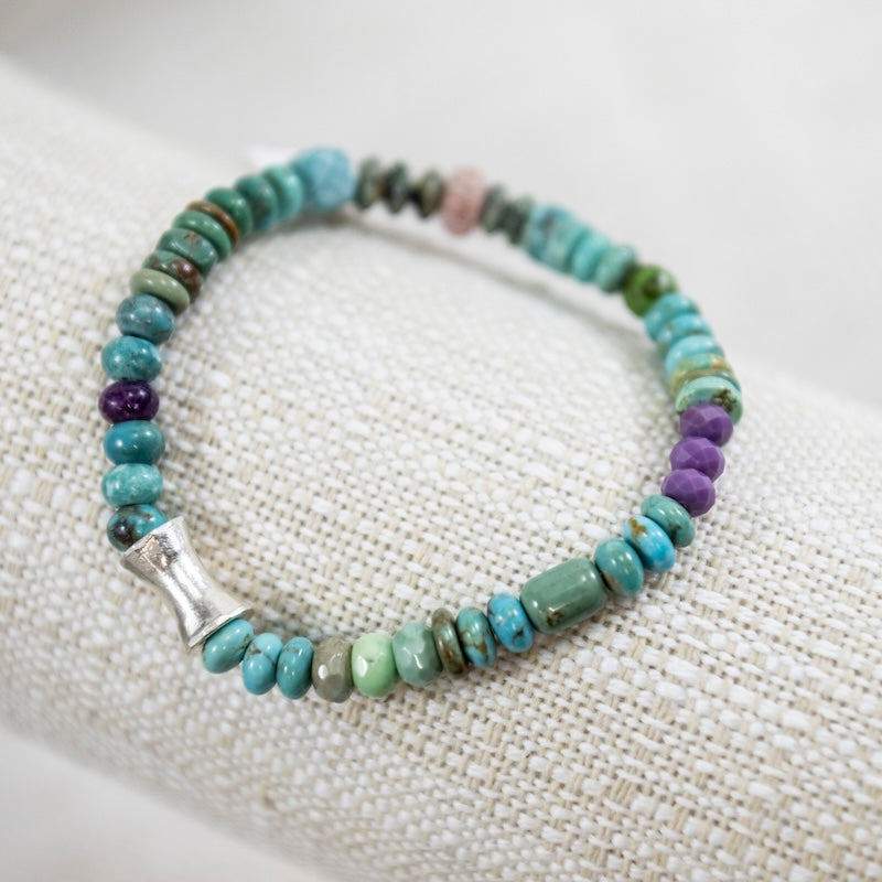 Turquoise Barrel Bracelet with Moss Opal and Pyrite