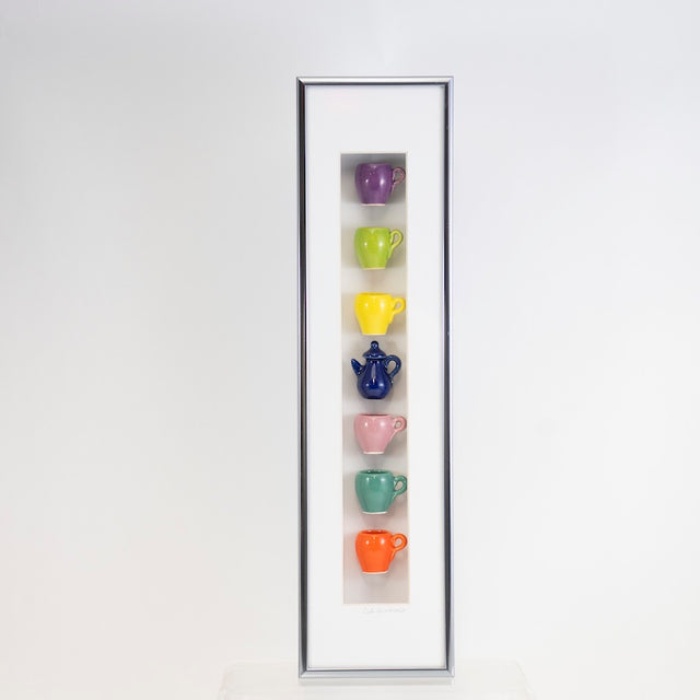 4x16 Vertical Shadowbox with Navy Teapot and Multicolor Mugs in a Silver Frame from Carlos Silva at Pinch in Northampton, MA