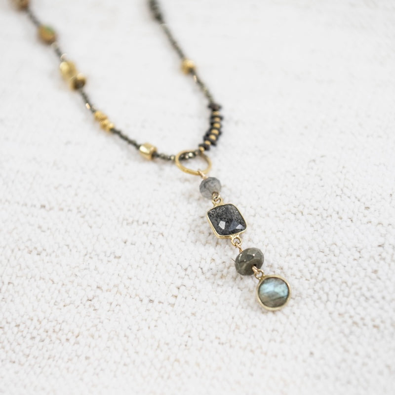 Industrial Pyrite Long Necklace with Sunstone Pendant In Gold