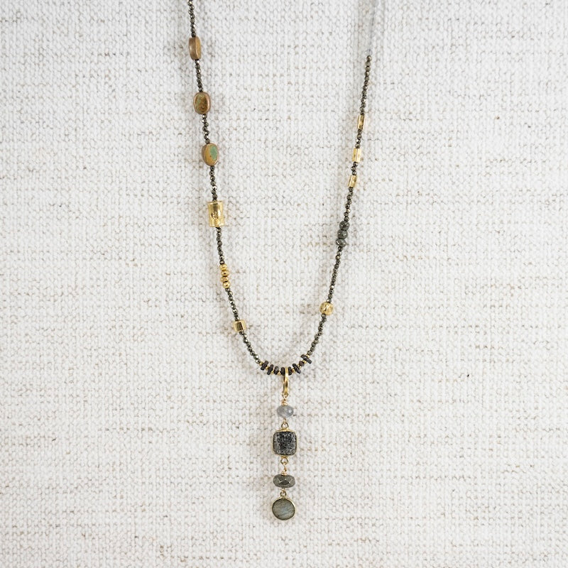 Industrial Pyrite Long Necklace with Sunstone Pendant In Gold