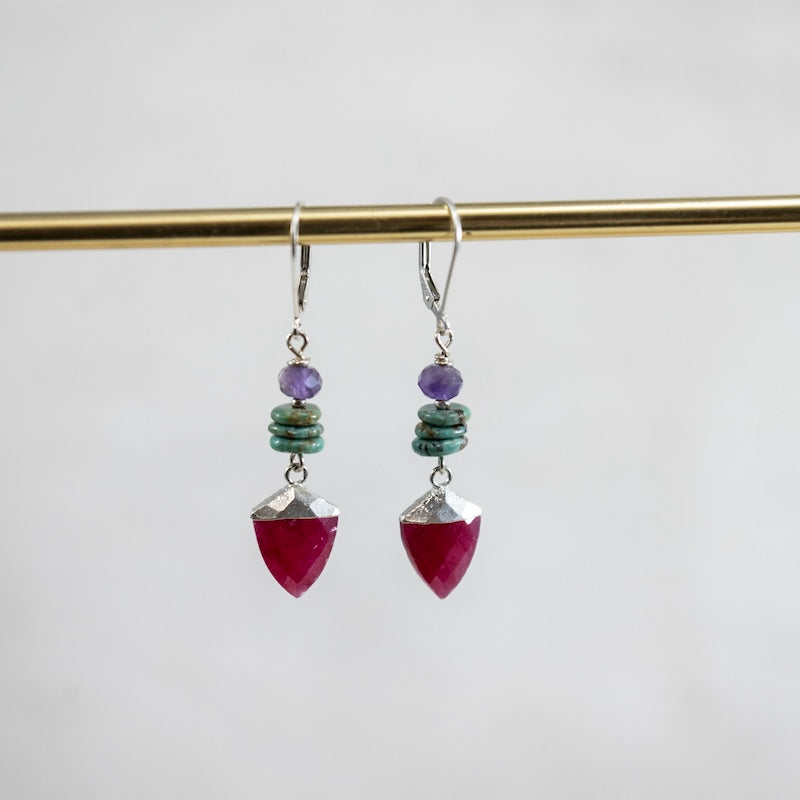 Amethyst, Turquoise, and Ruby Shield Earrings