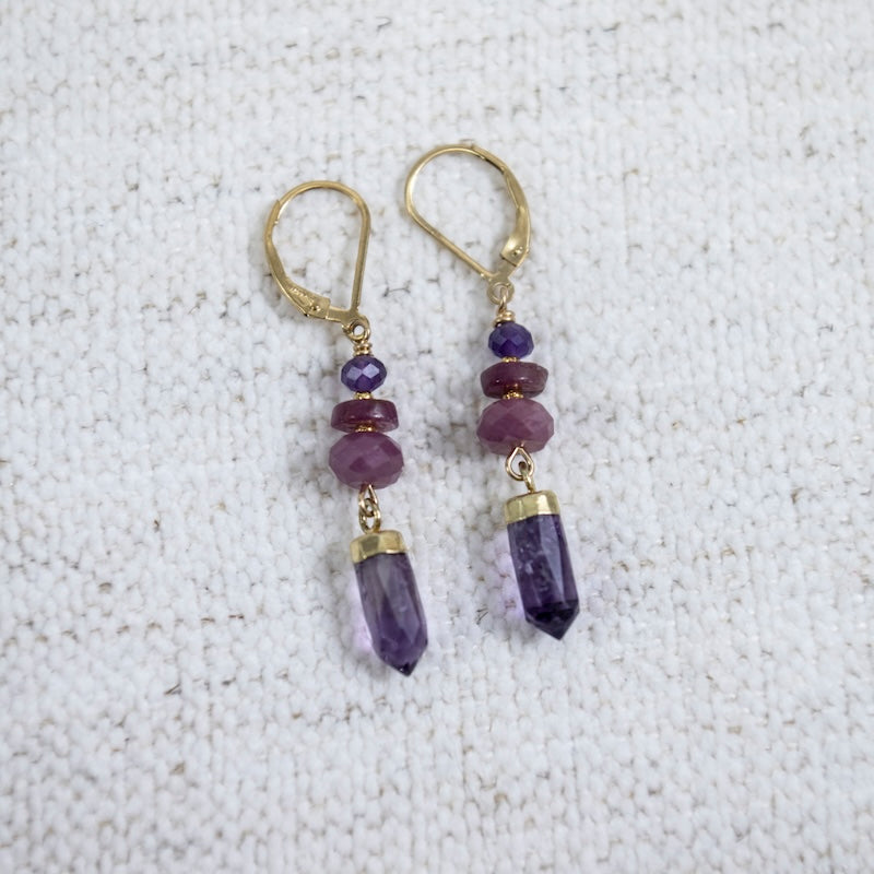 Point Earrings with Amethyst and Ruby