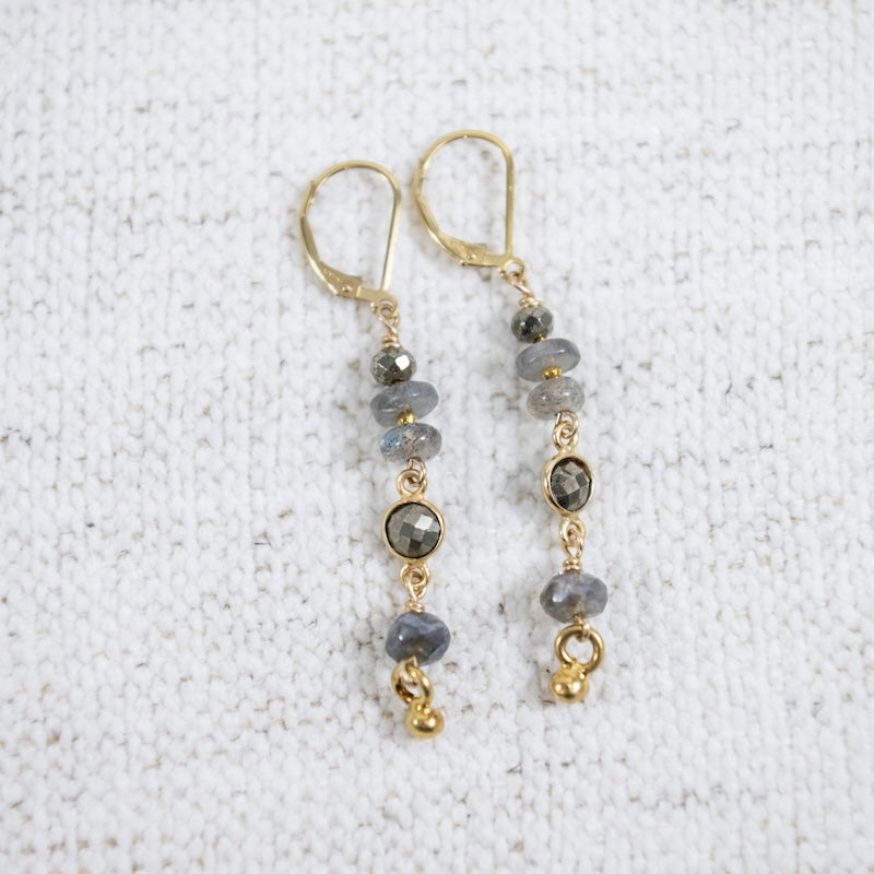 Pyrite, Labradorite, and Gold Raindrop Earrings