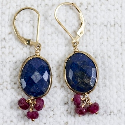 Oval Lapis and Three Rubies Earrings