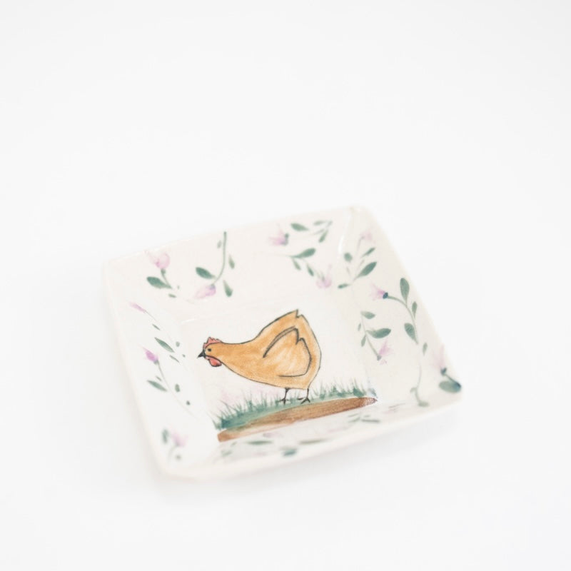 Little Square Dish with a Chicken and Pink Flowers