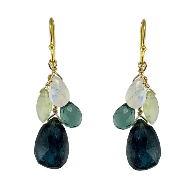 Ear Kyanite, Prehnite, Moonstone Cluster Earrings in Gold from Philippa Roberts at Pinch in Northampton, MA