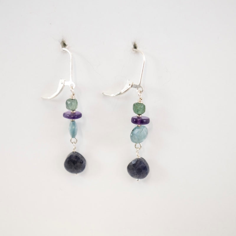 Silver Kyanite Earrings with Apatite Cube, Amethyst, and Aquamarine from Riverstone Jewelry at Pinch in Northampton, MA