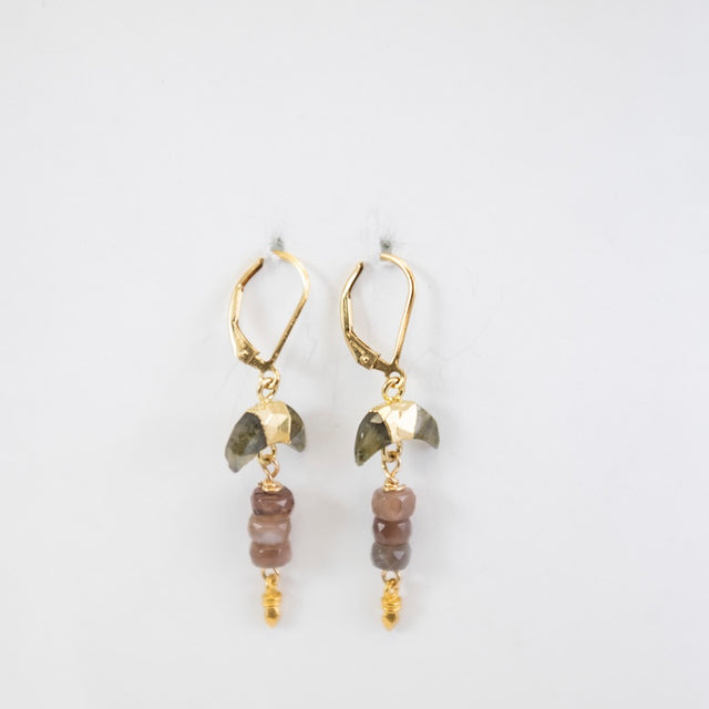 Gold Labradorite and Smokey Topaz Crescent Earrings from Riverstone Jewelry at Pinch in Northampton, MA