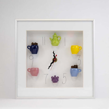 10x10 Clock with a Green Teapot, Purple Sugar Jar, and Wavy Hands in a Silver Frame from Carlos Silva at Pinch in Northampton, MA