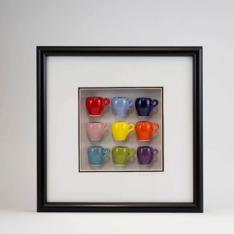 10x10 Shadowbox with Multicolor Mugs in a Black Frame at PINCH