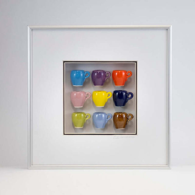 10x10 Shadowbox with Multicolor Mugs in a Silver Frame from Carlos Silva at Pinch in Northampton, MA