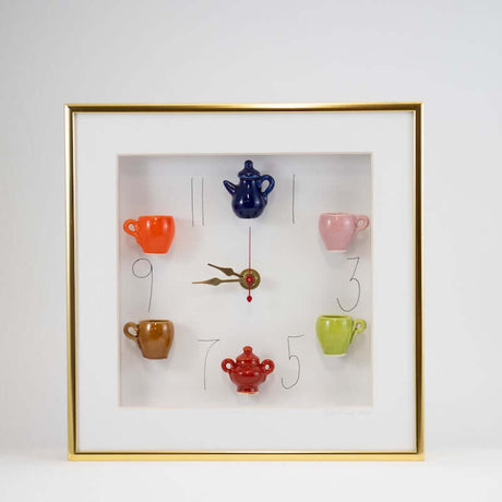 10x10 Clock with a Navy Teapot and Red Sugar Jar in a Gold Frame from Carlos Silva at Pinch in Northampton, MA