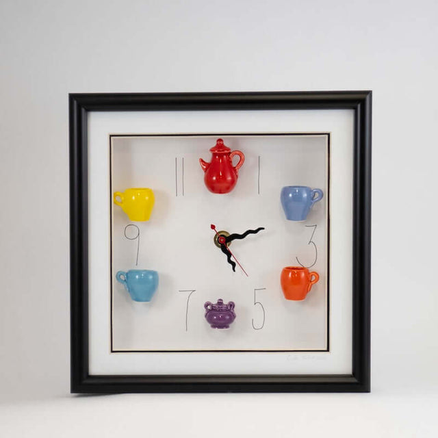 10x10 Clock with a Red Teapot, Purple Sugar Bowl, and Wavy Hands in a Black Frame from Carlos Silva at Pinch in Northampton, MA