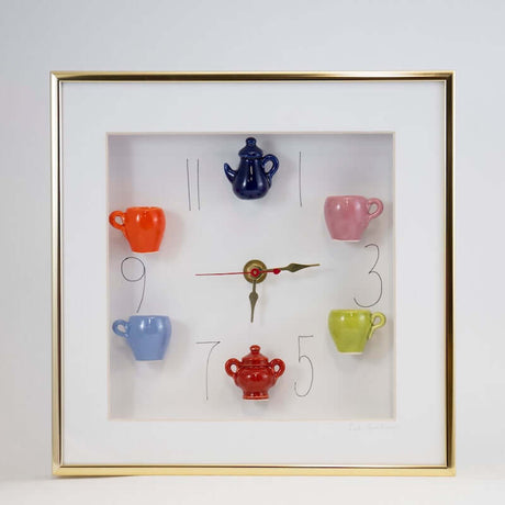 10x10 Clock with a Navy Teapot and Red Sugar Jar in a Gold Frame from Carlos Silva at Pinch in Northampton, MA