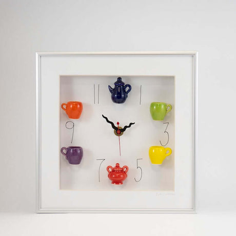10x10 Clock with a Navy Teapot, Red Sugar Jar and Wavy Hands in a Silver Frame from Carlos Silva at Pinch in Northampton, MA
