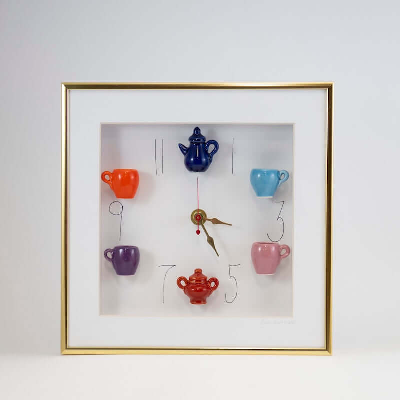 10x10 Clock with a Navy Teapot and Red Sugar Jar in a Gold Frame from Carlos Silva at Pinch in Northampton, MA