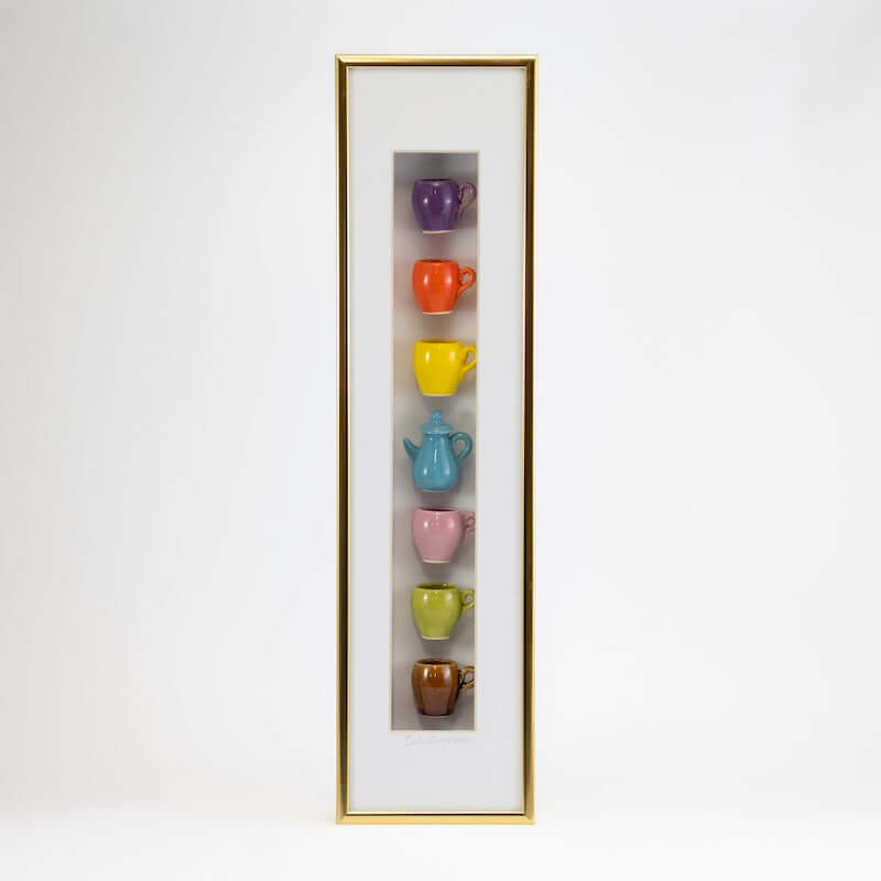 4x16 Vertical Shadowbox with a Blue Teapot and Multicolor Mugs in a Gold Frame from Carlos Silva at Pinch in Northampton, MA