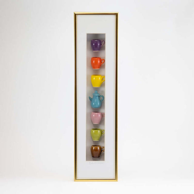 4x16 Vertical Shadowbox with a Blue Teapot and Multicolor Mugs in a Gold Frame from Carlos Silva at Pinch in Northampton, MA