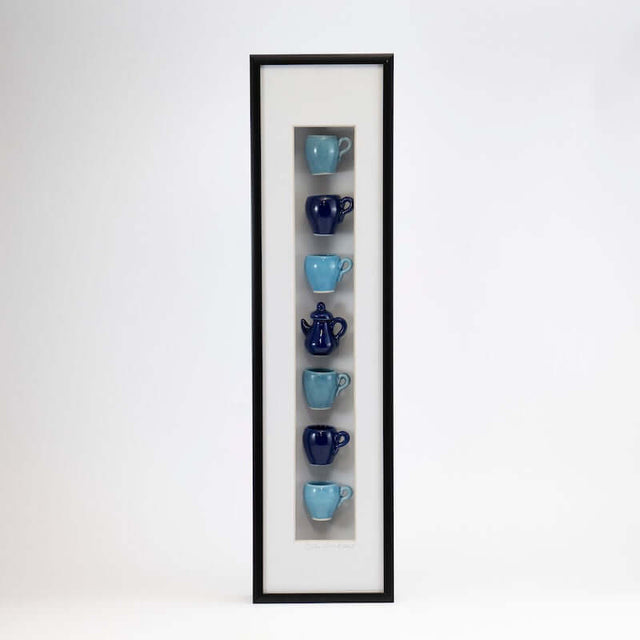 4x16 Vertical Shadowbox with a Blue Teapot and Blue Mugs in a Black Frame from Carlos Silva at Pinch in Northampton, MA