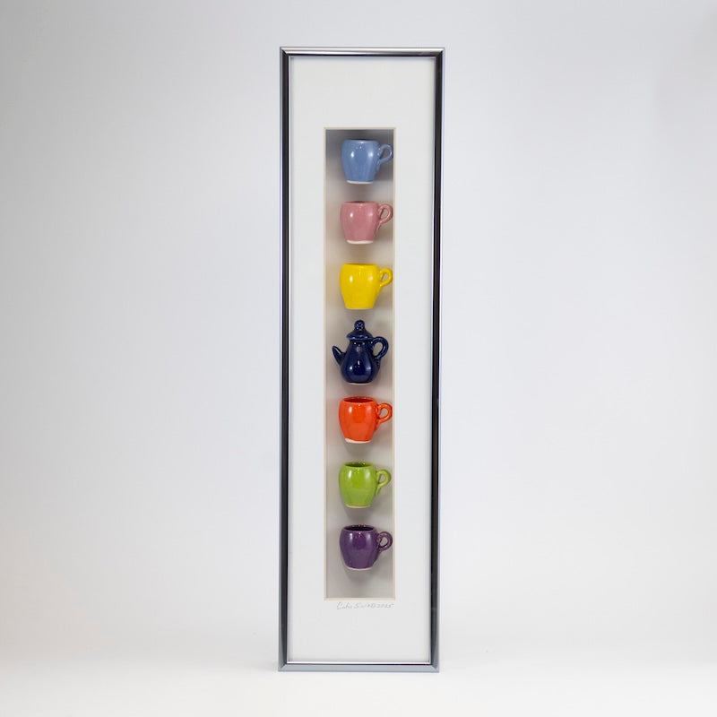 4x16 Vertical Shadowbox with Navy Teapot, and Multicolor Mugs in a Silver Frame from Carlos Silva at Pinch in Northampton, MA
