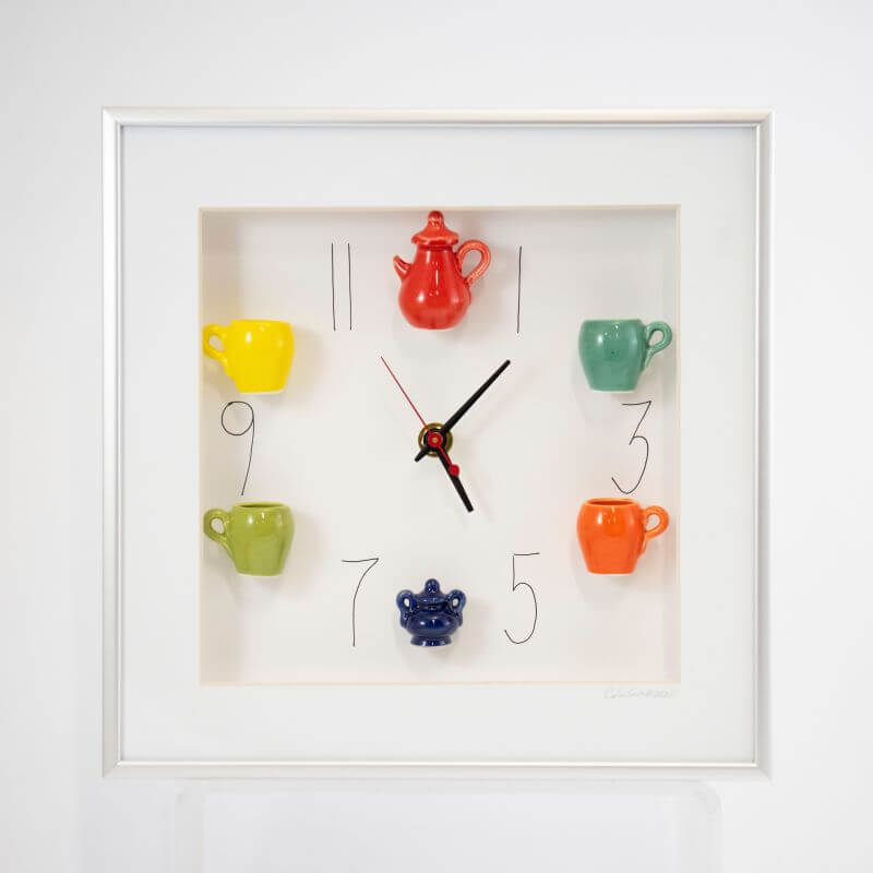 10x10 Clock with a Red Teapot, Navy Sugar Jar, and Straight Hands in a Silver Frame