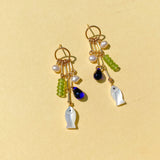 Charm Earrings with Mother of Pearl Fish, Vintage Glass, and Pearls